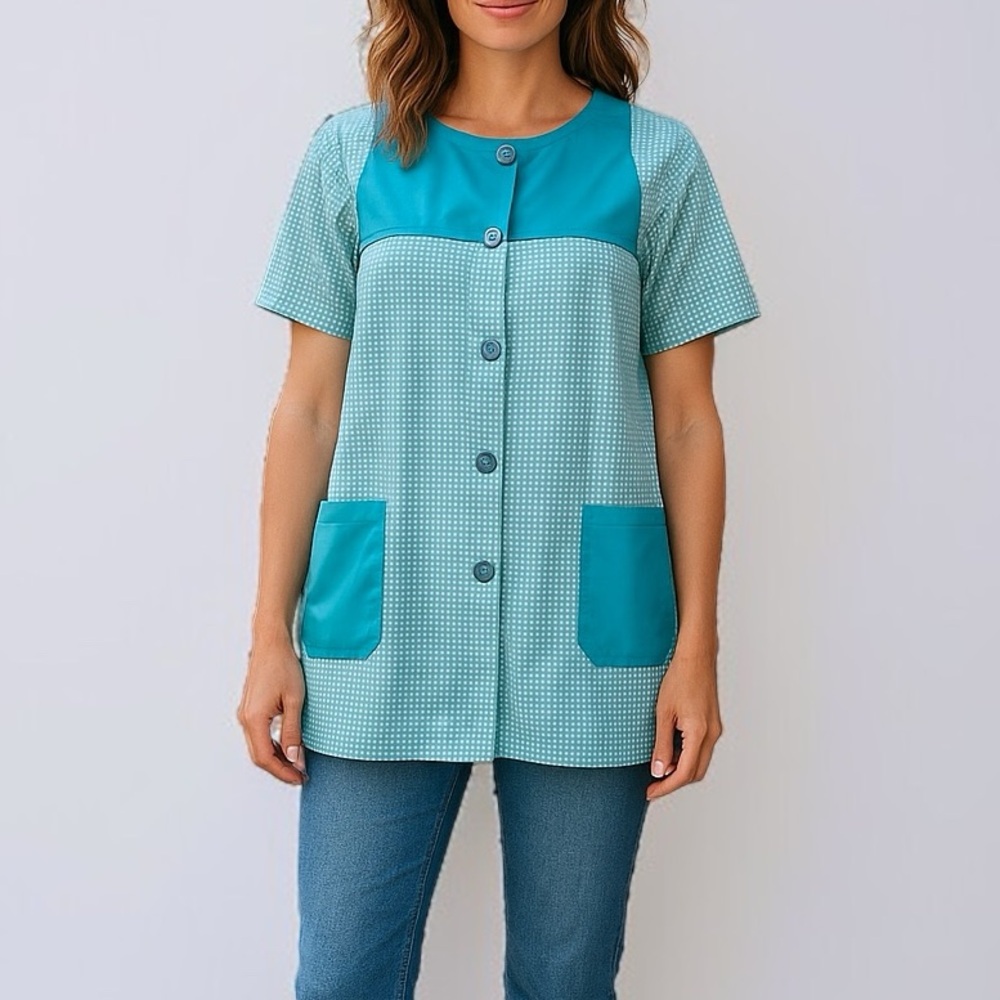 Vintage 50’s Gingham Smock Top In Aqua Marine Blue / White | Size M